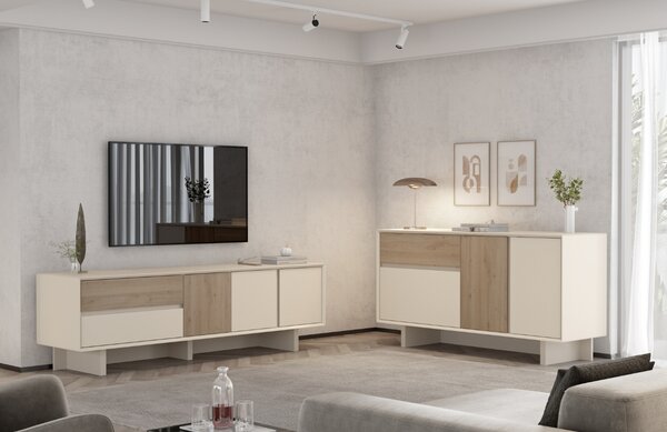Marckeric Béžový TV stolek Carpi 180 x 45 cm s dubovým dekorem