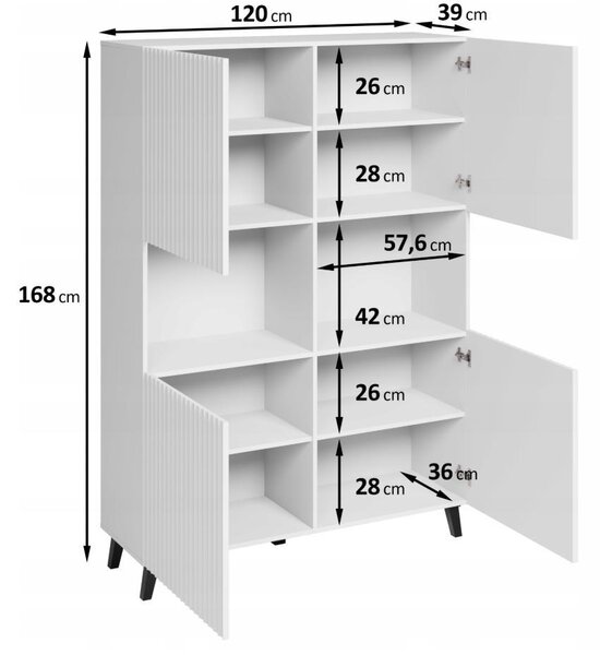 PHUKET 160 cm vysoká komoda s vysokými čely z MDF, vitrína s měkkým zavíráním