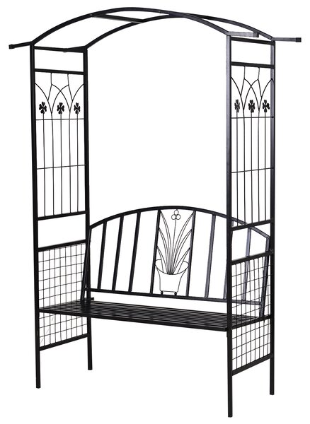OUTSUNNY Kovová zahradní lavička s obloukem pro popínavé rostliny 154 x 60 x 205 cm černá