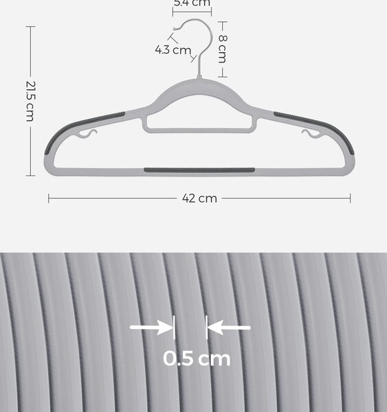 SONGMICS Ramínka na kabáty 50 ks protiskluzová 42 cm šedá