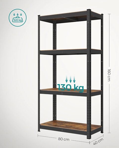 SONGMICS Ocelový regál s nosností až 520 Kg 80 x 160 x 40 cm hnědá černá