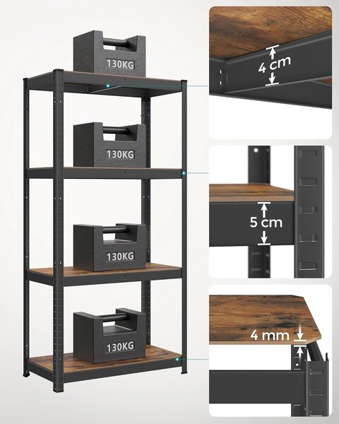 SONGMICS Ocelový regál s nosností až 520 Kg 80 x 160 x 40 cm hnědá černá