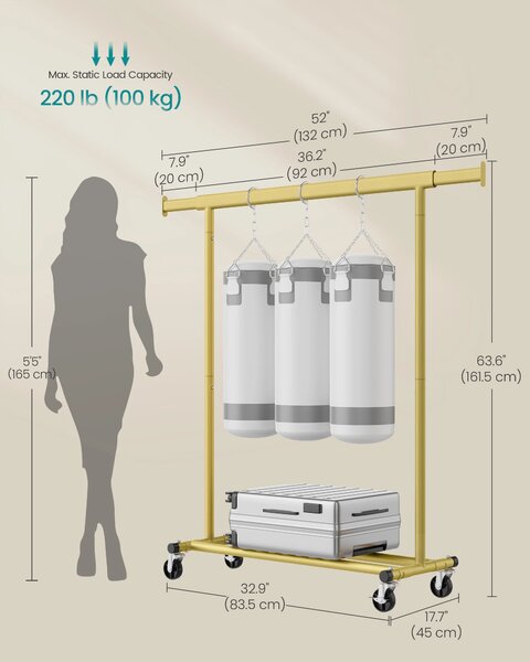 SONGMICS Pojízdný věšák na oděvy, nosnost 100 kg, 92-132 x 161,5 x 45 cm zlatá