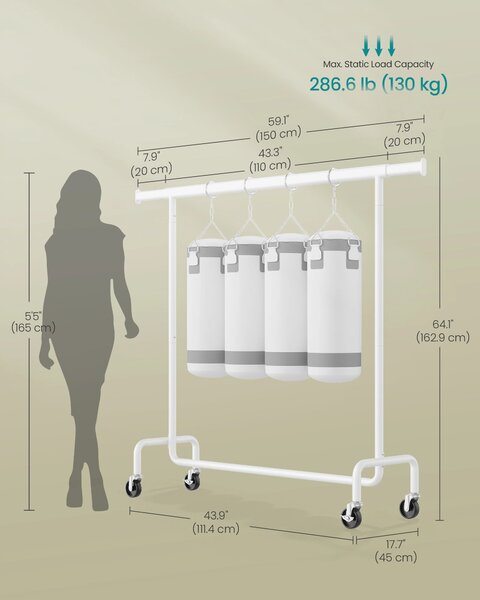 SONGMICS Pojízdný věšák na oděvy s výsuvnou lištou nosnost 130 kg 110-150 x 162,9 cm x 45 cm bílá