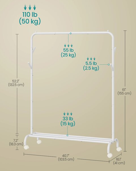 SONGMICS Pojízdný věšák na oděvy maximální nosnost 50 kg 104 x 155 x 41 cm bílá-šedá