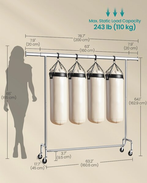 SONGMICS Pojízdný věšák na oděvy s výsuvnou závěsnou lištou nosnost 110 kg 160-200 x 163 x 45 cm stříbrná