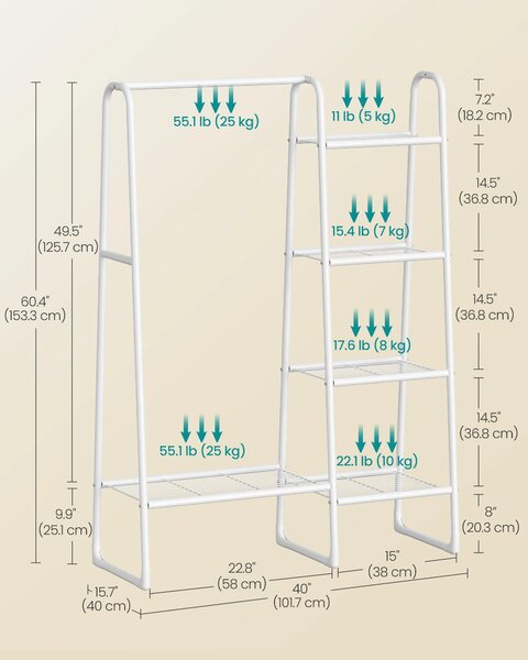 SONGMICS Stojan na oděvy s věšákem a pěti policemi 102 x 153 x 40 cm bílá