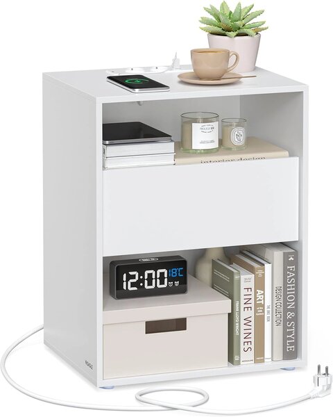 VASAGLE Noční stolek s el. a USB zásuvkovou lištou 45 x 58 x 35 cm bílá