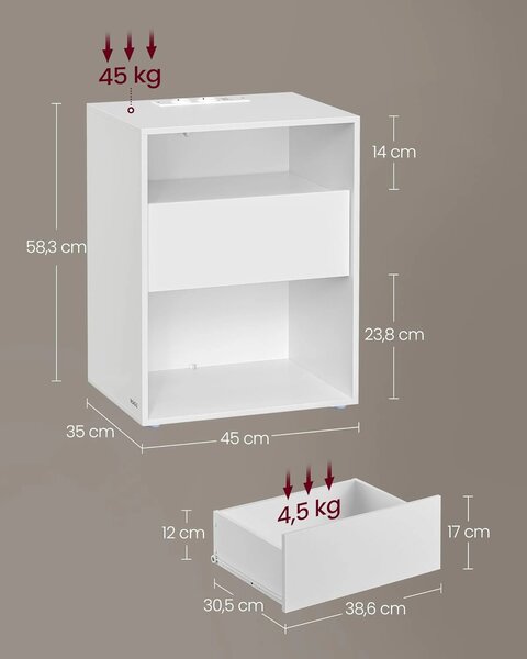 VASAGLE Noční stolek s el. a USB zásuvkovou lištou 45 x 58 x 35 cm bílá