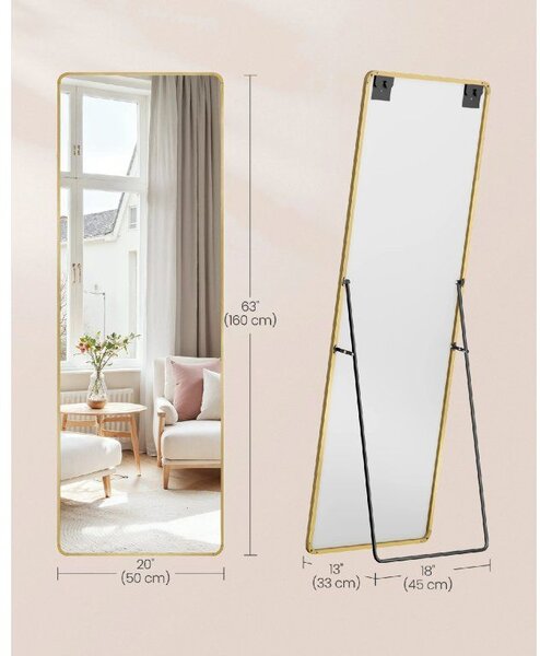 SONGMICS Stojací zrcadlo se zlatým rámem obdélník tvrzené sklo 160 x 50 cm zlatá