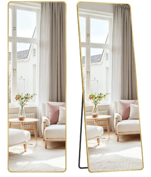 SONGMICS Stojací zrcadlo se zlatým rámem obdélník tvrzené sklo 160 x 50 cm zlatá