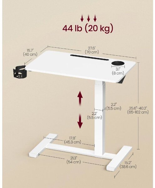 VASAGLE Odkládací pojízdný stolek s nastavitelnou výškou 70 x 65-102 x 40 cm bílá
