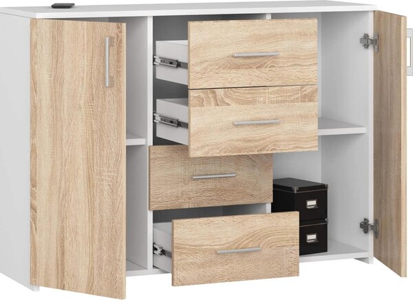 Elegantní komoda K45 se 4 zásuvkami v bílé a sonoměnském dubu