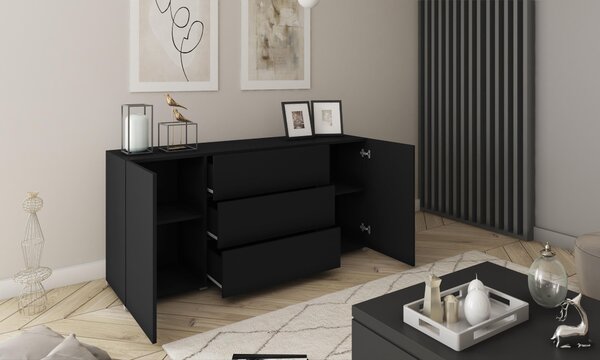 Komoda Berlin 150 cm černá matná moderní 3 zásuvky + 2 skříňky