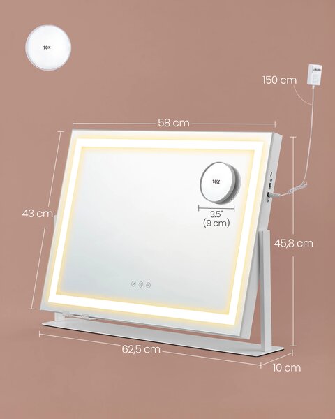 SONGMICS Kosmetické zrcadlo s LED páskem nabíjecí porty dotykové ovládání 3 barvy světla stmívatelné, 58 x 43 cm bílá