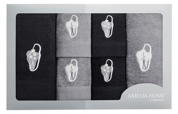 AmeliaHome Sada ručníků s výšivkou Calmo - 6 kusů, černá/šedá