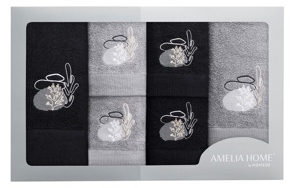 AmeliaHome Sada ručníků s výšivkou Trisi - 6 kusů, černá/šedá