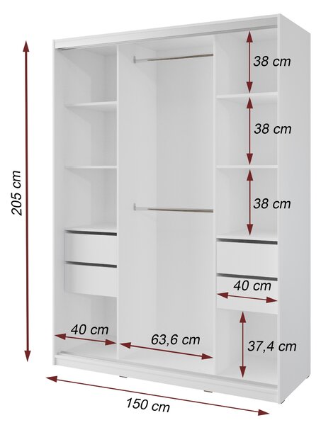 Šatní skříň NEJBY BARNABA 150 cm s posuvnými dveřmi, zrcadlem, 4 šuplíky a 2 šatními tyčemi, bílá