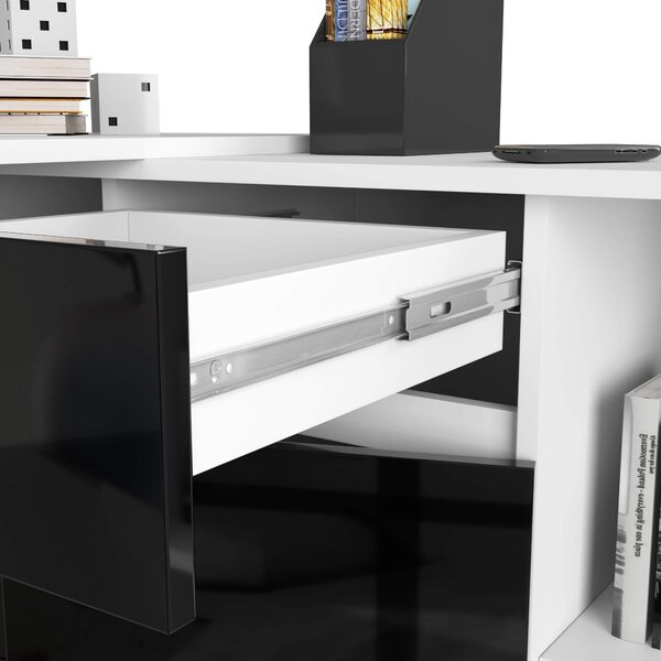 Ak furniture Rohový psací stůl B-17 s komodou bílý/černý lesk
