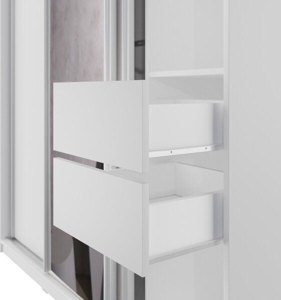 Šatní skříň NEJBY BARNABA 150 cm s posuvnými dveřmi, zrcadlem, 4 šuplíky a 2 šatními tyčemi, bílá