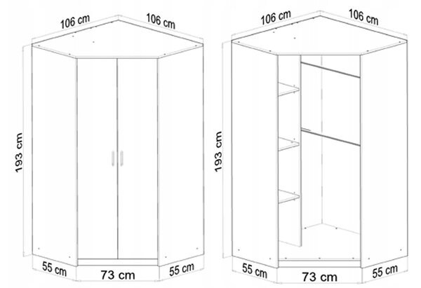 Rohová šatní skříň ZORICA - šířka 106 cm, dub sonoma