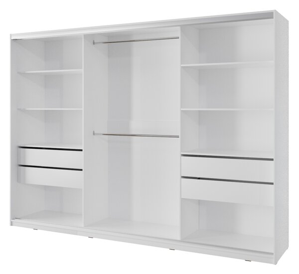 Šatní skříň NEJBY BARNABA 280 cm s posuvnými dveřmi, zrcadlem, 4 šuplíky a 2 šatními tyčemi, bílá