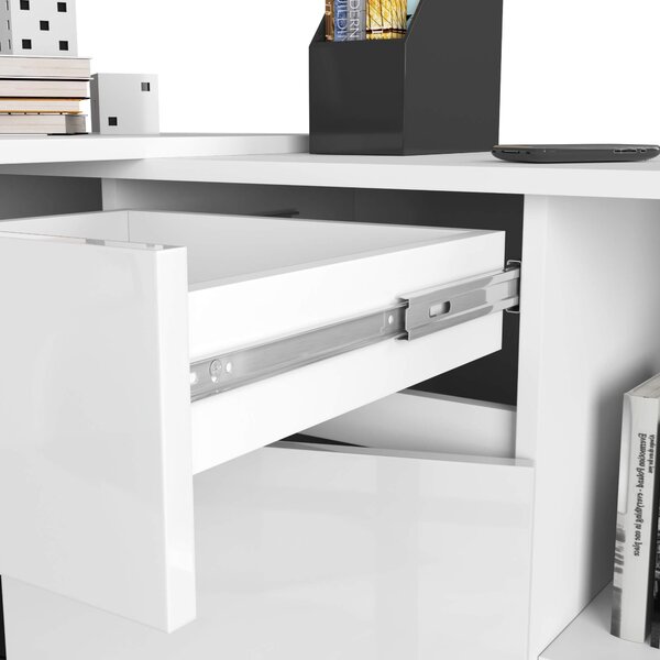 Ak furniture Rohový psací stůl B-17 s komodou bílý lesk