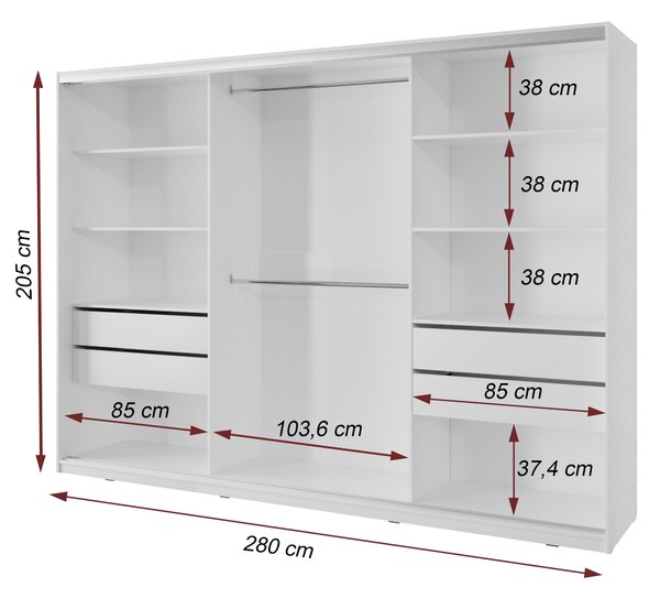 Šatní skříň NEJBY BARNABA 280 cm s posuvnými dveřmi, zrcadlem, 4 šuplíky a 2 šatními tyčemi, bílá