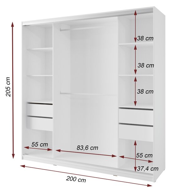 Šatní skříň NEJBY BARNABA 200 cm s posuvnými dveřmi, zrcadlem, 4 šuplíky a 2 šatními tyčemi, bílá