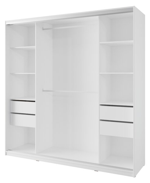 Šatní skříň NEJBY BARNABA 200 cm s posuvnými dveřmi, zrcadlem, 4 šuplíky a 2 šatními tyčemi, bílá