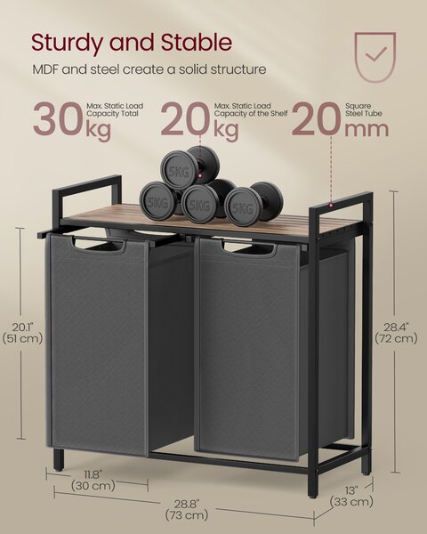 VASAGLE Dvoudílný koš na prádlo s policí 2 x 46 l, 73 x 72 x 33 cm hnědá šedá