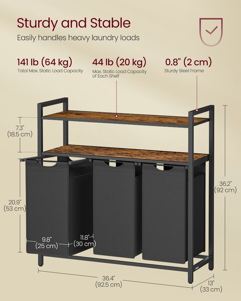 VASAGLE Prádelní koš 3 x 40 l se dvěma policemi 92 x 92 x 33 cm hnědá černá