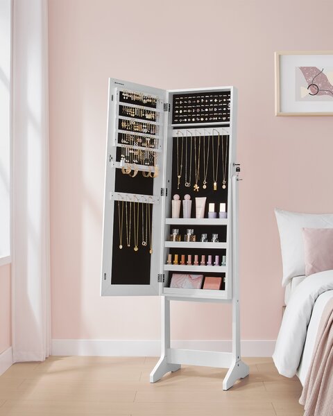 SONGMICS Zrcadlová stojací šperkovnice 41 x 152 x 37 cm bílá