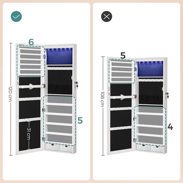 SONGMICS Nástěnná zrcadlová šperkovnice s LED osvětlením 37 x 120 x 10 cm bílá