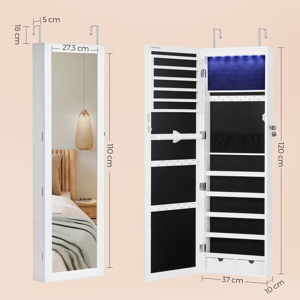 SONGMICS Nástěnná zrcadlová šperkovnice s LED osvětlením 37 x 120 x 10 cm bílá