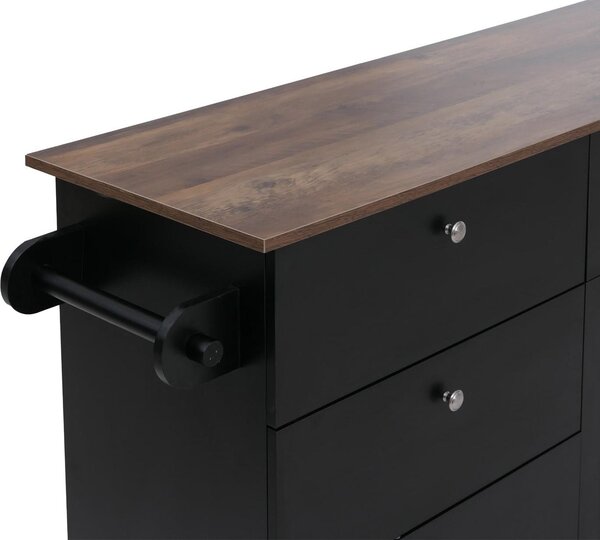 Kuchyňský ostrůvek HWC-P62 se 2 stoličkami, kuchyňská skříňka zásuvky úložné prostory MDF 90x131x47cm černá, tmavé dřevo