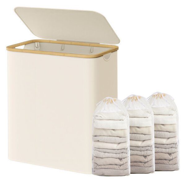 SONGMICS Prádelní koš skládací s víkem oxfordská tkanina 150 l vyjímatelná vložka 60 x 71 x39 cm krémová