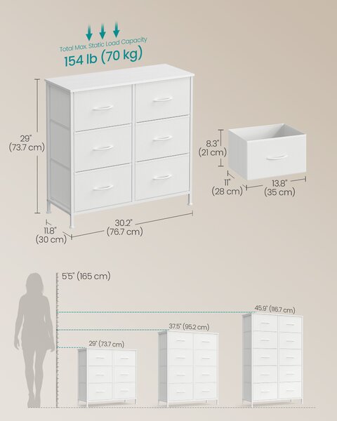 SONGMICS Komoda 6 látkových zásuvek 77 x 74 x 30 cm bílá