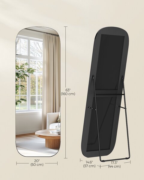 SONGMICS Bezrámové stojací zrcadlo zaoblené tvrzené sklo 160 x 50 cm černá