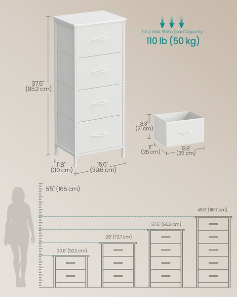 SONGMICS Komoda 4 látkové zásuvky 40 x 95 x 30 cm bílá