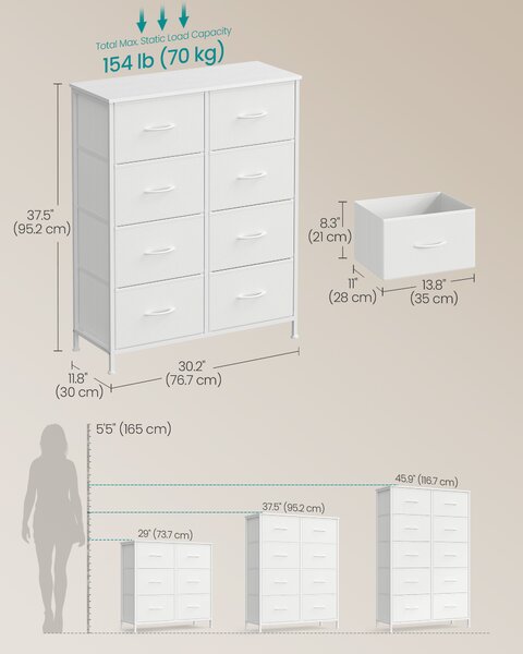 SONGMICS Komoda 8 látkových zásuvek 77 x 95 x 30 cm bílá
