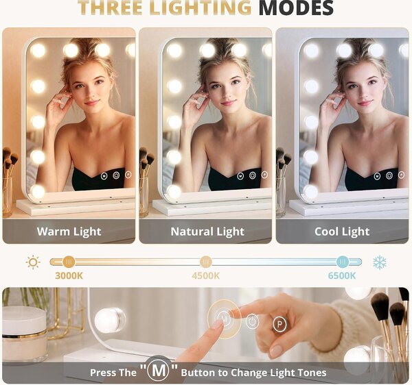 LED zrcadlo – Kosmetické zrcadlo s 14 stmívatelnými lampami – 3 světelné režimy – Ovládání dotykem – USB – Port typu C – Vhodné na stůl nebo na zeď