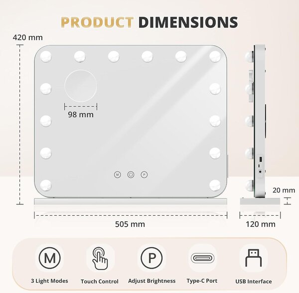 LED zrcadlo – Kosmetické zrcadlo s 14 stmívatelnými lampami – 3 světelné režimy – Ovládání dotykem – USB – Port typu C – Vhodné na stůl nebo na zeď