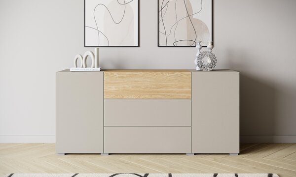 Komoda MINIO BRELA, 150 cm, se 2 dvířky a 3 zásuvkami – barva kašmírová béžová / povrchová úprava: olejovaná dubová dýha