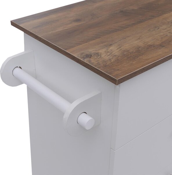 Kuchyňský ostrůvek HWC-P62 se 2 stoličkami, kuchyňská skříňka zásuvky úložné prostory MDF 90x131x47cm bílá, tmavé dřevo