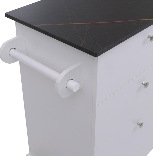 Kuchyňský ostrůvek HWC-P62 se 2 stoličkami, kuchyňská skříňka zásuvky úložné prostory MDF 90x131x47cm bílá, černý mramorový vzhled