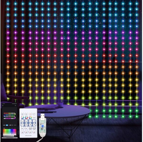 LED RGB Stmívatelný vánoční závěs WIZARD 400xLED/USB 2x2m + dálkové ovládání