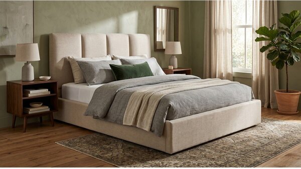 Béžová čalouněná dvoulůžková postel s úložným prostorem s roštem 180x200 cm Juniper – Mazzini Beds