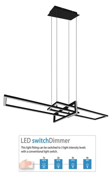 Trio Leuchten 320310332 SALINAS- Závěsné LED svítidlo krokově stmívatelné nástěnným vypínačem, LED 34W, 3000K, 110cm, černá mat (Závěsný lustr v černé barvě stmívatelný vypínačem)