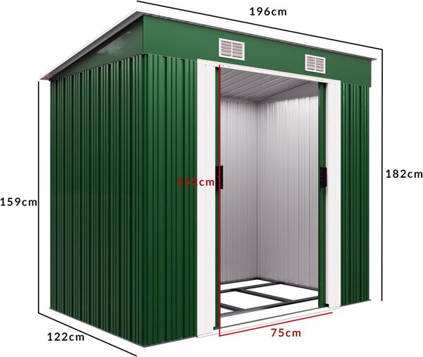 GARDEBRUK® L kovová kůlna 2m² se základem 200x125x185cm posuvné dveře zelená kůlna na nářadí zahradní kůlna 4m³